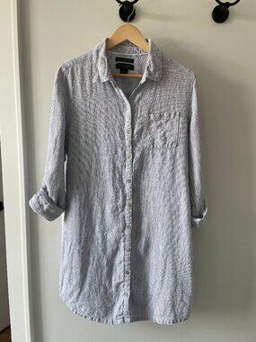 Tahari 100% European Flax Linen Blue/White Striped Tunic Button‑Up with Pocket
